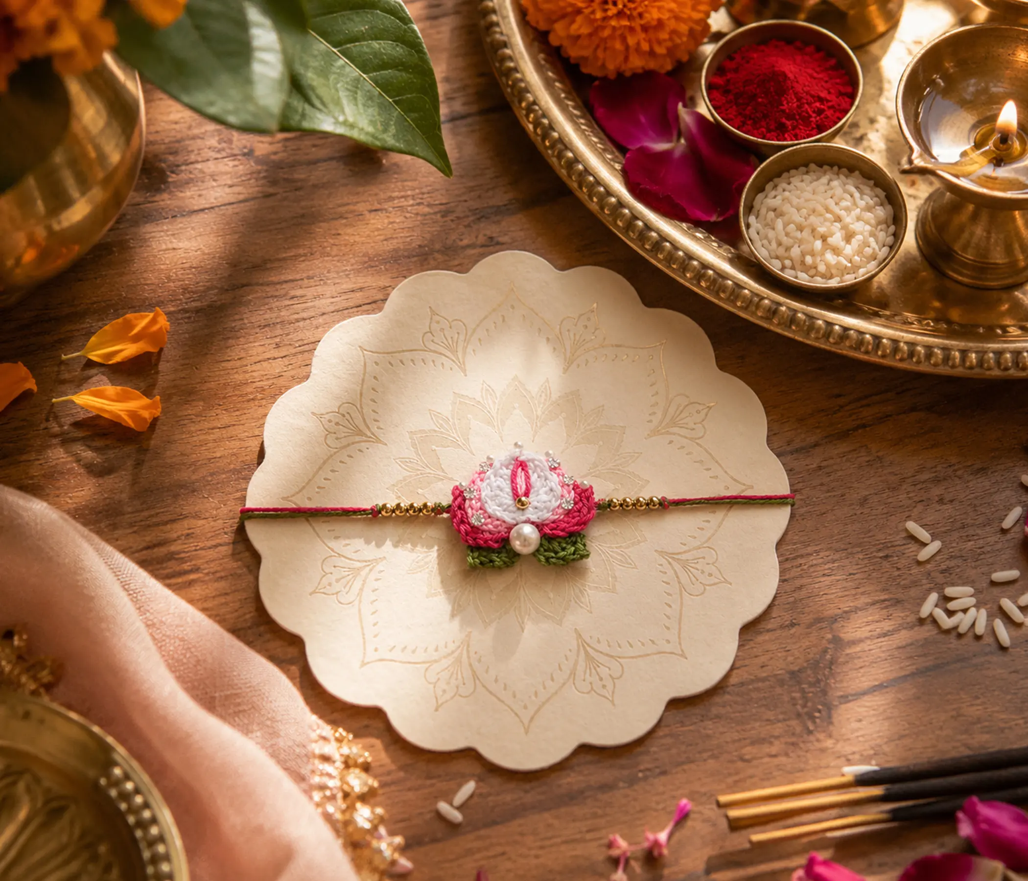 Divine Lotus Pearl Handcrafted Crochet Rakhi